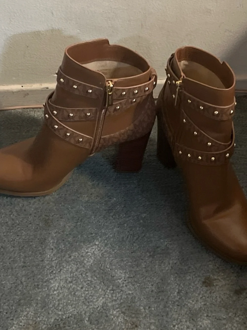 Michael Kors Tan Brown Leather Studded Strap Ankle Boots